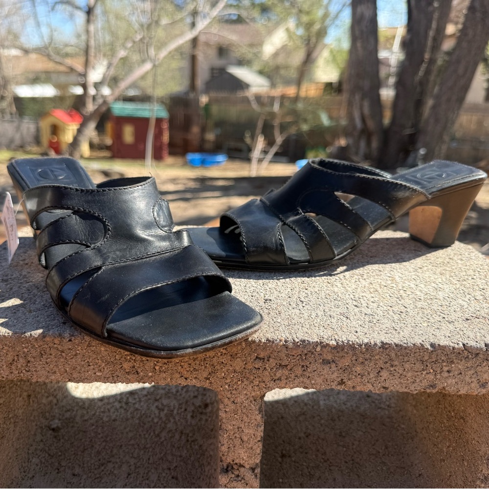 Cole Haan Piera black leather heeled slide sandals
